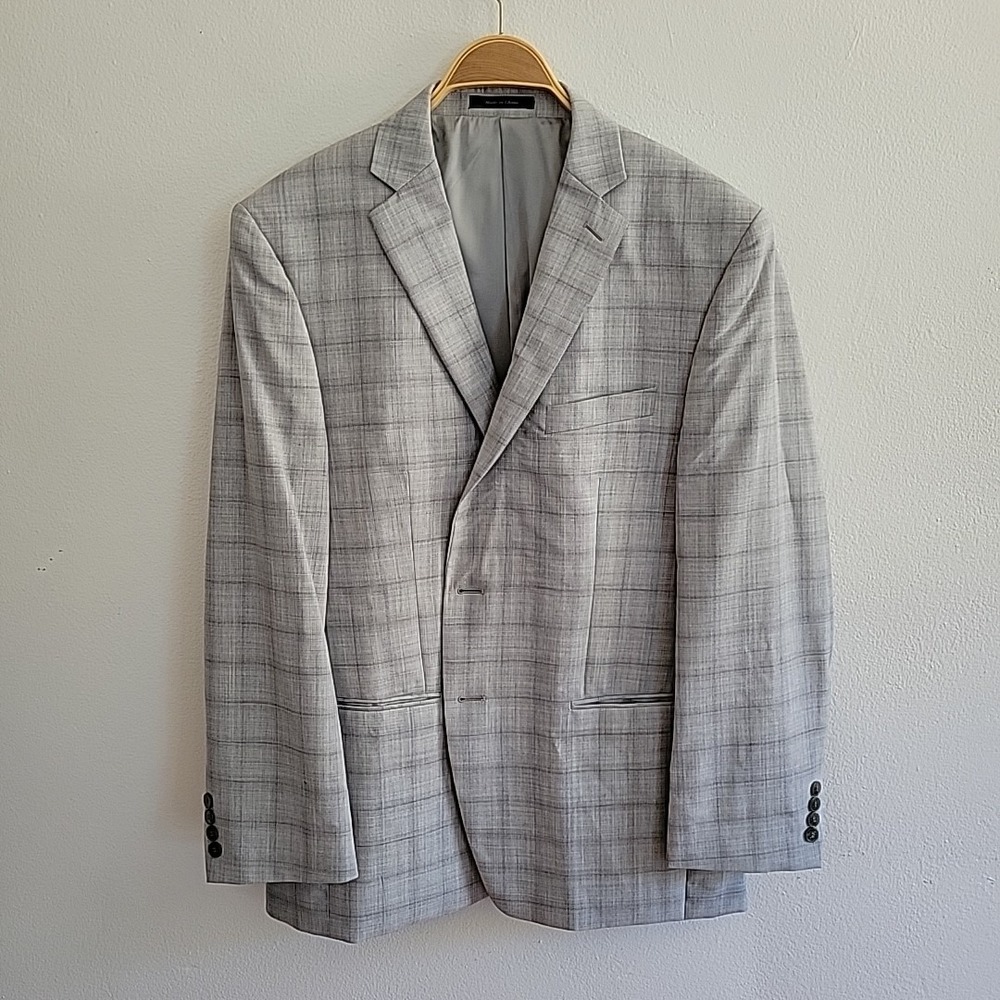 Calvin Klein Gray Wool Plaid Two Button Single Breasted Blazer Dual Vent Classic